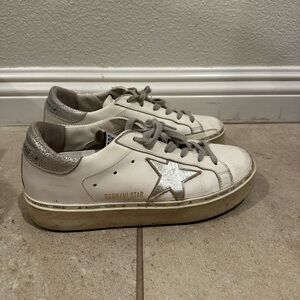 Golden Goose Silver Hi-Star with star and metallic silver heel